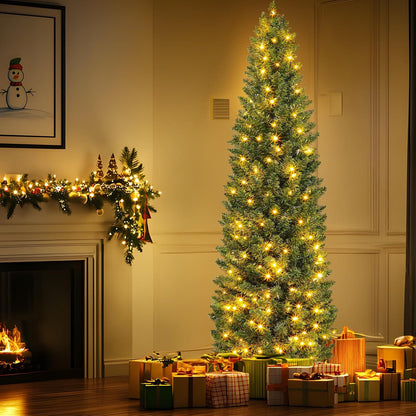 Prelit Fraser Fir 6.5 Ft Pencil Artificial Christmas Tree with 523 Lifelike Branch Tips Timer 8 Mode 220 Warm White&Colored Lights, Metal Stand, UL Plug in Slim Xmas Tree Holiday Home Indoor Outdoor