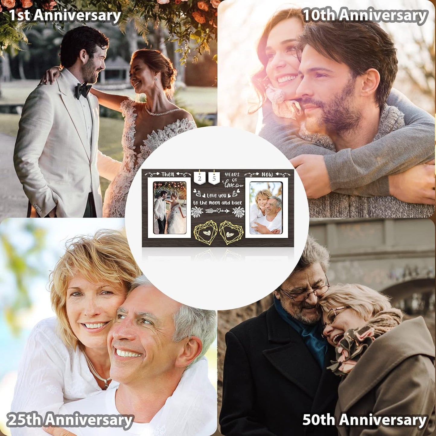 ZCPTZ Then & Now Anniversary Picture Frame - 1-99 Years Anniversary Wedding Gift for Couple, Wood Photo Frame Holds 2 4x6 Inches Photos