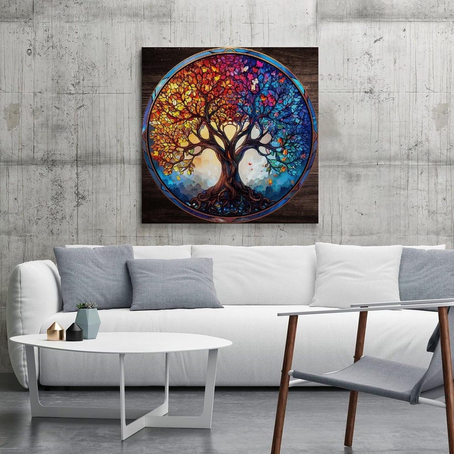 Tree of Life Stained Glass Canvas Posters Wall Art Big Tree Suncatcher Country Framed Canvas Pictures Print Room Decorations Art Work Housewarming Gift for Restaurant Spa Dorm Room 12x12in