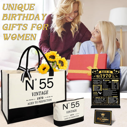 55th Birthday Gifts for Women Canvas Tote Bag Travel Gear,Unique 55 Years Old Gifts for Wife/Mom/Sister/Aunt/Friends/Her, Vintage N°55 Beach Bag & Cosmetic Bag & Back in 1970 Poster