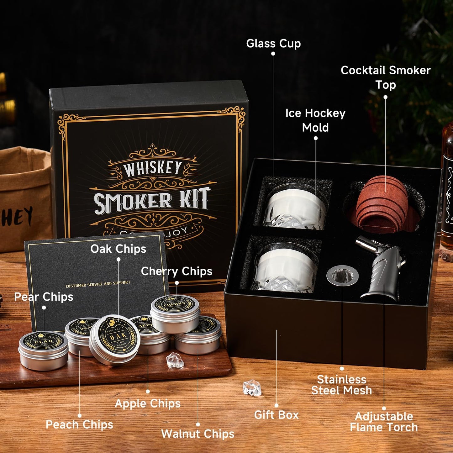 Whiskey Smoker Kit with Torch - 6 Flavors Wood Chips, 2 Glasses, 2 Ice Ball Molds - Cocktail Smoker Infuser Kit, Old Fashioned Drink Smoker Kit, Birthday Bourbon Whiskey Gifts for Men,Dad(NO Butane)