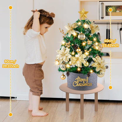 Mini Christmas Tree with Lights: 2ft Tabletop Christmas Tree, Small Artificial Xmas Tree with Star Treetopper, LED String Light & Hanging Ornaments, for Desk Christmas Decors Home Office Party