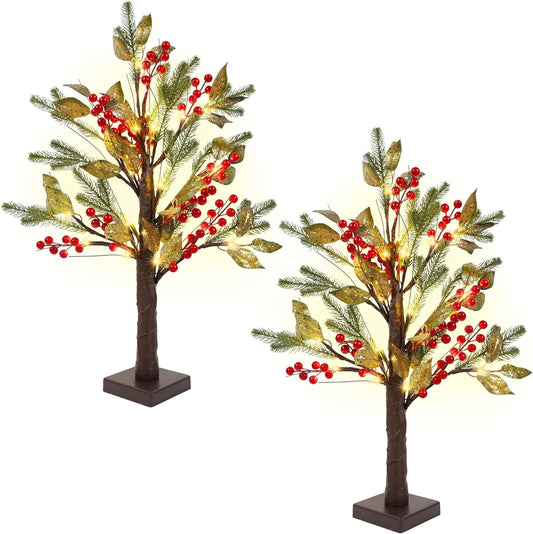 DR.DUDU 2 Pack Christmas Tree Decoration, Small Trees with Lights for Table, 24″ Pre-lit Artificial Christmas Tree Battery Operated with Red Berries Gold Leaves for Xmas Tabletop Indoor Home Decor