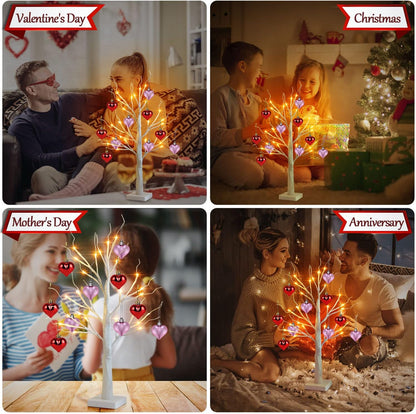 2 Pack Prelit White Birch Tree -2FT Valentines Tree with 10 Pink & Red Heart-Shaped Ornaments, 24 Warm White LED, Battery Operated, 6-Hours Timer, Tabletop Lamp for Home Party Wedding Xmas Decor