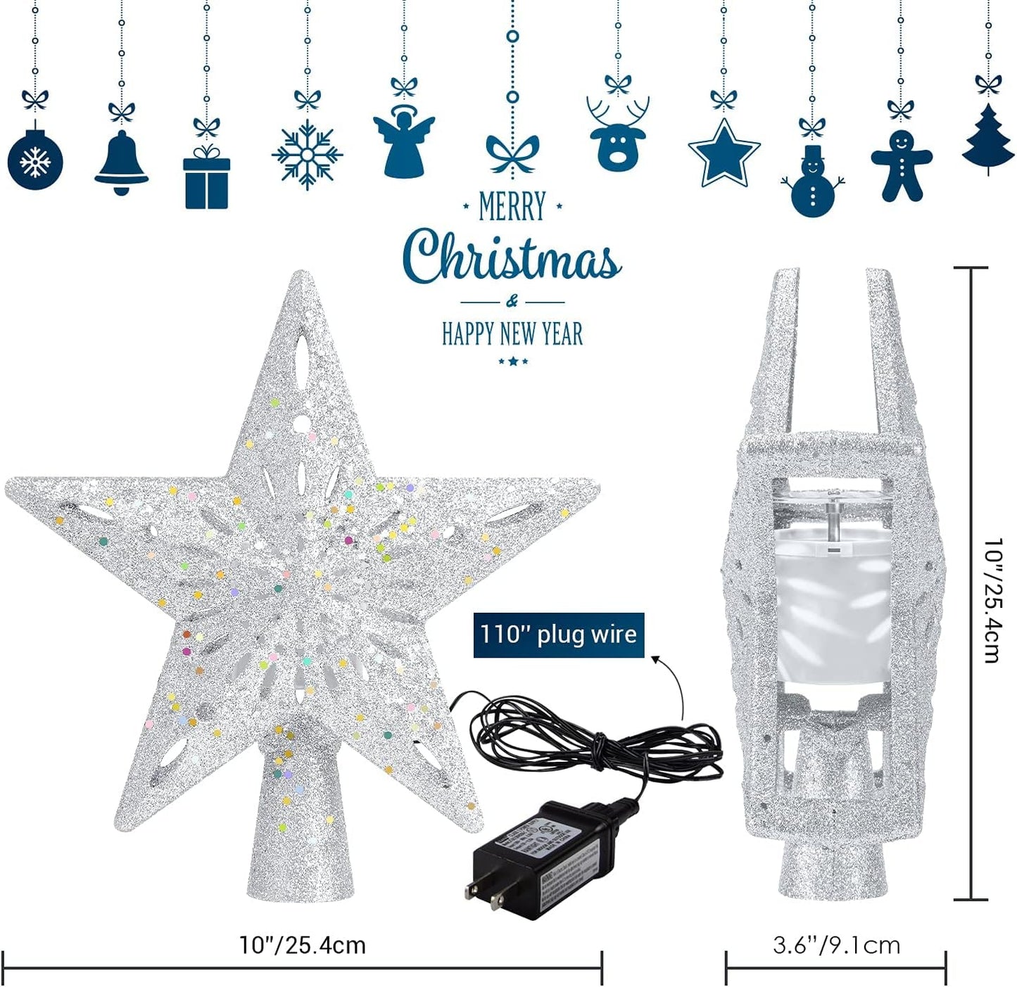 Christmas Tree Topper Lighted with 6 Patterns Projector, Christmas Tree Star Topper Built-in 3D Glitter LED Rotating Lights, Silver Tree Topper Christmas Decoration for Xmas Party Holiday