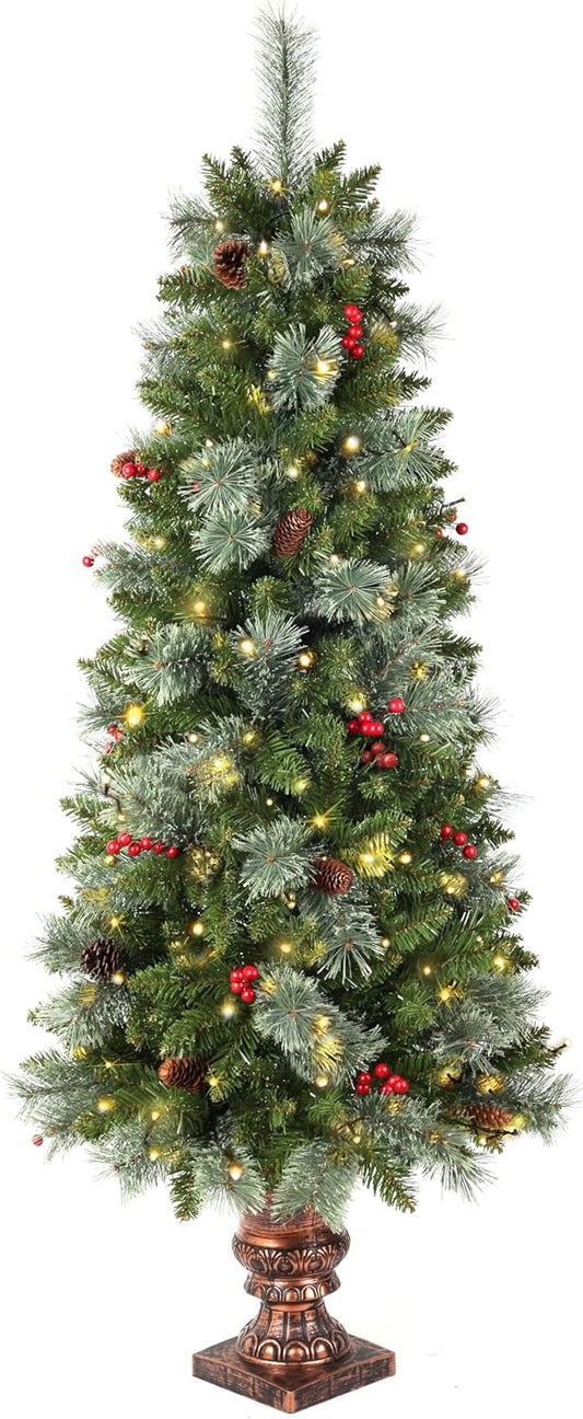 5ft Pre-lit Christmas Tree,Potted Artificial Pine Xmas Tree 300 Branches Tips,Decorated with 150 LED White Lights & 18 Red Berries & 14 Pinecone for Home or Office