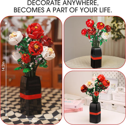 Rose Flowers Bouquet Building Set (818 PCS) - Mothers & Valentines Day, Birthdays, Gifts for Women, Her. Artificial Flowers with Vase Home Decor Roses Flower Toys Building Set for Kids, Adults