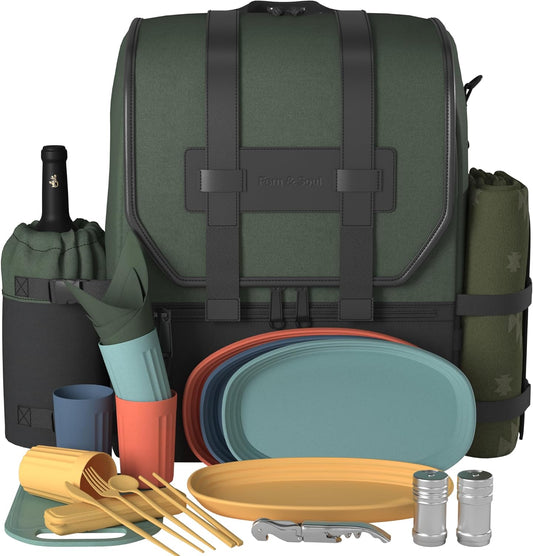 Fern & Soul Picnic Backpack for 4. Stylish Insulated Picnic Set with Blanket, Wine Cooler, A Modern Picnic Bag Made to Last, Ideal for Couples Gifts, Family, Wine Picnic Basket for 2-4