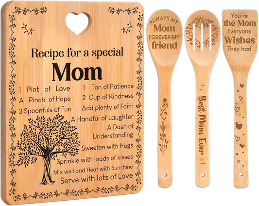 Gifts for Mom - "Recipe for a Special Mom" Mom Christmas Gifts Cutting Board Set, Bamboo-Made Engraved Utensil Set Christmas Gifts for Mom, Mom Birthday Gifts