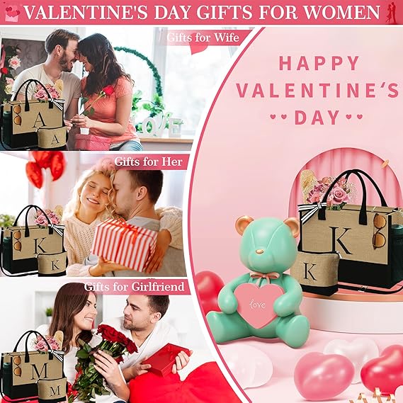 YOOLIFE Valentines Day Gifts - Initial Jute Tote Bag & Makeup Bag, Birthday Gifts for Women Her Wife Mom Teacher Friend