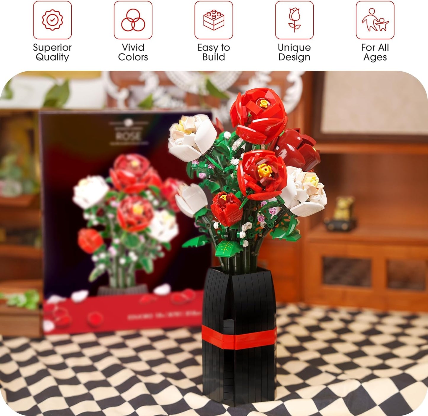 Rose Flowers Bouquet Building Set (818 PCS) - Mothers & Valentines Day, Birthdays, Gifts for Women, Her. Artificial Flowers with Vase Home Decor Roses Flower Toys Building Set for Kids, Adults