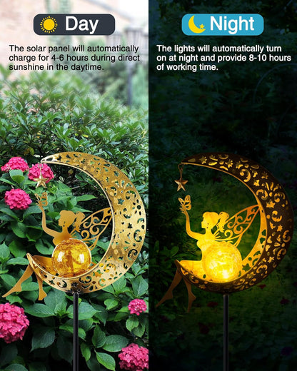 Solar Garden Statues Outdoor Decor, Fairy Moon Figurine Light Stake, Housewarming Ornament for Patio, Lawn, Yard, Pathway - Unique Gift Ideas for Gardening Mom Grandma