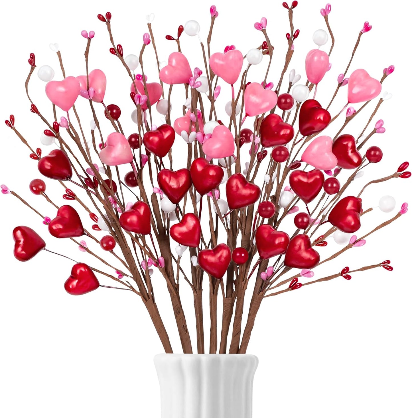 12PCS Valentines Day Decorations Artificial Flowers Picks Decor - Berry Stems with Red Pink Heart White Gifts for The Home Table Centerpieces(Style 3)