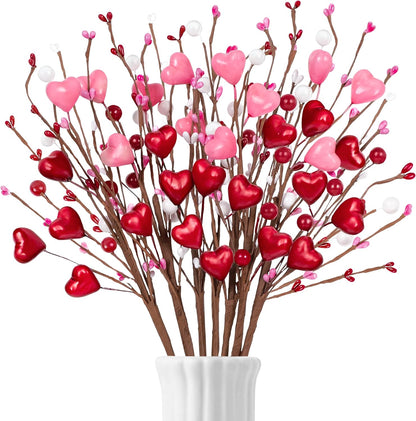 12PCS Valentines Day Decorations Artificial Flowers Picks Decor - Berry Stems with Red Pink Heart White Gifts for The Home Table Centerpieces(Style 3)