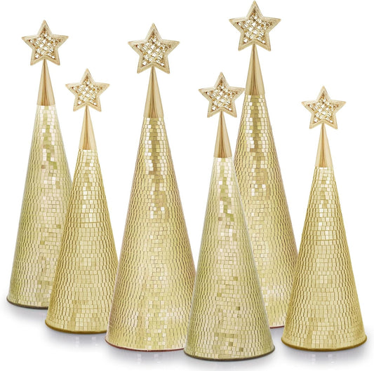 Gold Glass Trees Set of 6, 17" 15" 13" Small Tabletop Christmas Tree Handmade Disco Decor for Xmas Table Party Centerpiece Decoration