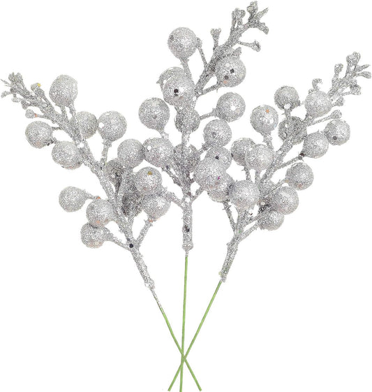 Artiflr 14 Pack Christmas Glitter Berries Stems Clearance, 7.8 Inch Artificial Christmas Picks for Christmas Tree Ornaments, DIY Xmas Wreath, Crafts, Holiday and Home Decor, Silver