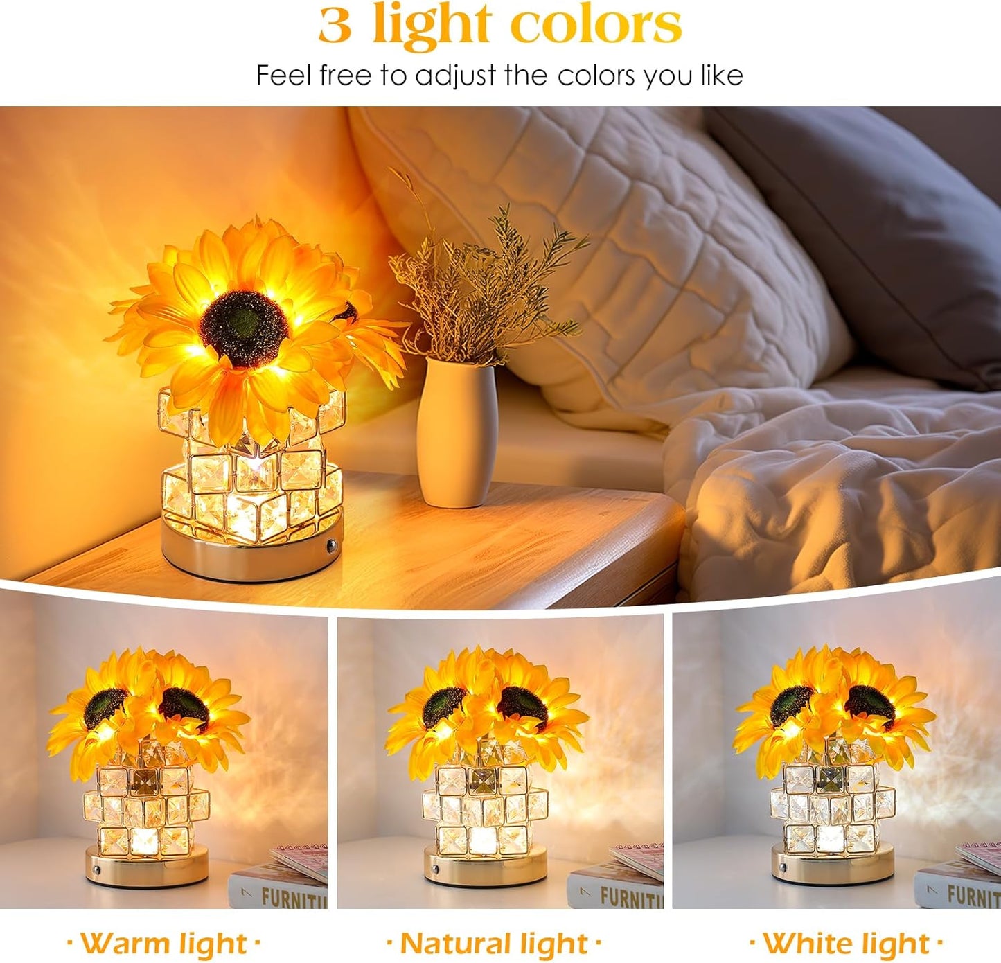 Sunflowers Flower Lamp Touch Lamp,Rechargeable Cordless Table Lamp, 3-Colour Infinitely Dimming Battery Powered Small Night Light,Gift for Mom for Valentine Day,Mothers Day,Xmas,Birthday