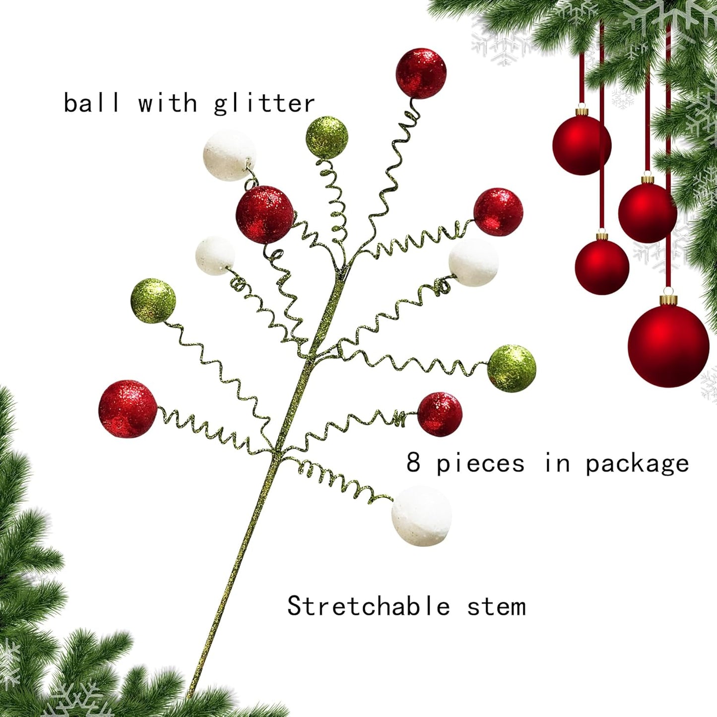 8 Pieces Christmas Tree Picks Sprays Christmas Tree Topper Decoration Christmas Tree Branch Glitter Ball Toppers for Christmas Tree Wreath Decoration