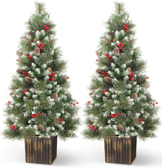 LAVEVE 4 FT Outdoor Christmas Tree with Vintage Potted Base, Small White Christmas Tree for Christmas Decorations Indoor, Porch Christmas Trees