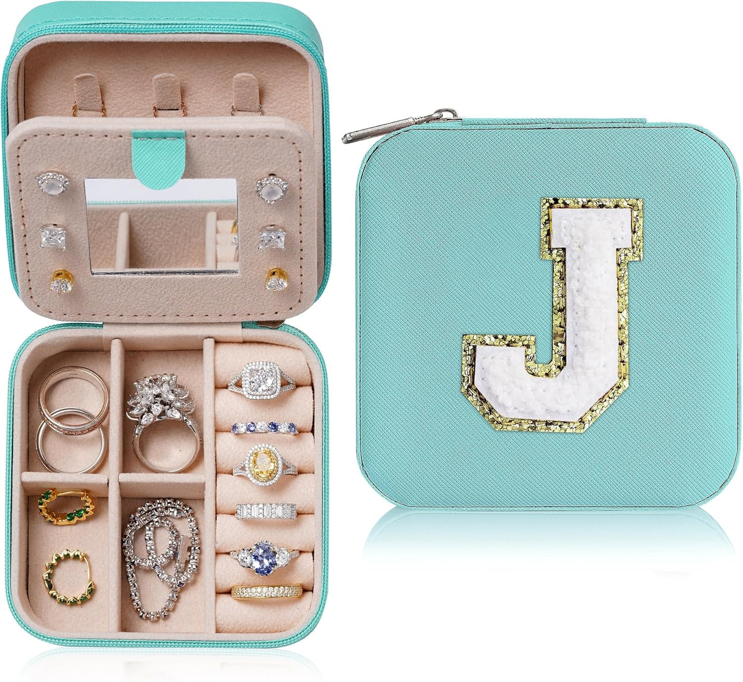 Parima Valentines Day Gifts for Girls - Travel Jewelry Case for Girls Jewelry Box | Gifts for Friends Women Unique Christmas Gifts for Women | Friends Gifts Personalized Gifts - Letter J, Aqua Blue