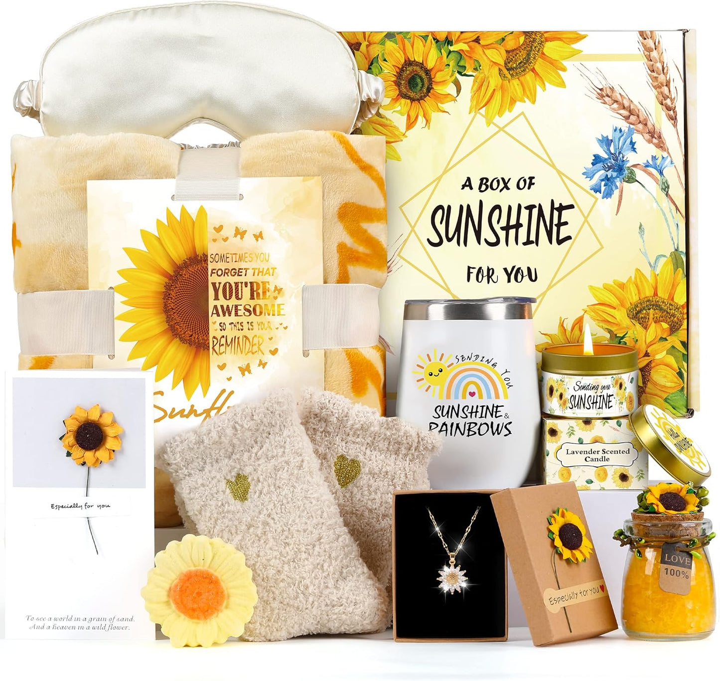 Sunflower Gifts for Women Sending Sunshine Gift-Valentines Day Gifts for Her Birthday Gifts for Women-Get Well Gift Baskets for Women-Inspirational Blanket Self Care Gifts for Women Mom Wife Friends