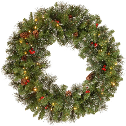 National Tree Company Pre-Lit Artificial Christmas Wreath, Green, Crestwood Spruce, White Lights, Decorated with Pine Cones, Berry Clusters, Frosted Branches, Christmas Collection, 30 Inches