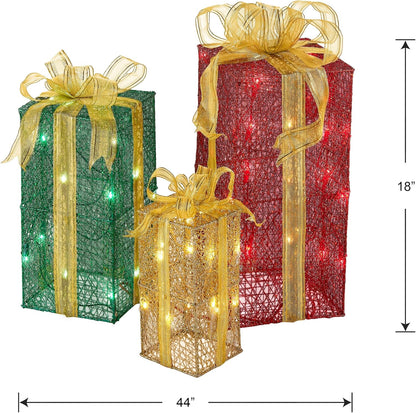 National Tree Company lit Artificial Christmas Décor 3-Piece Set Includes Pre-Strung White Mini Lights Sisal Gift Boxes