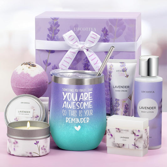 Gifts for Women, Birthday Gifts for Women Spa Gifts Baskets for Women Bubble Bath and Body Gifts Set for Women Lavender Gifts for Mom Her Female Sister Mother Teacher Wine Tumbler Purple Gifts