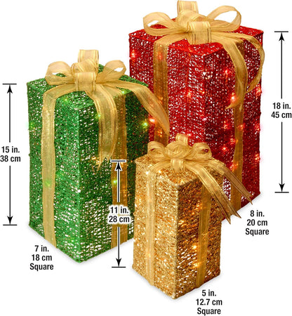 National Tree Company lit Artificial Christmas Décor 3-Piece Set Includes Pre-Strung White Mini Lights Sisal Gift Boxes