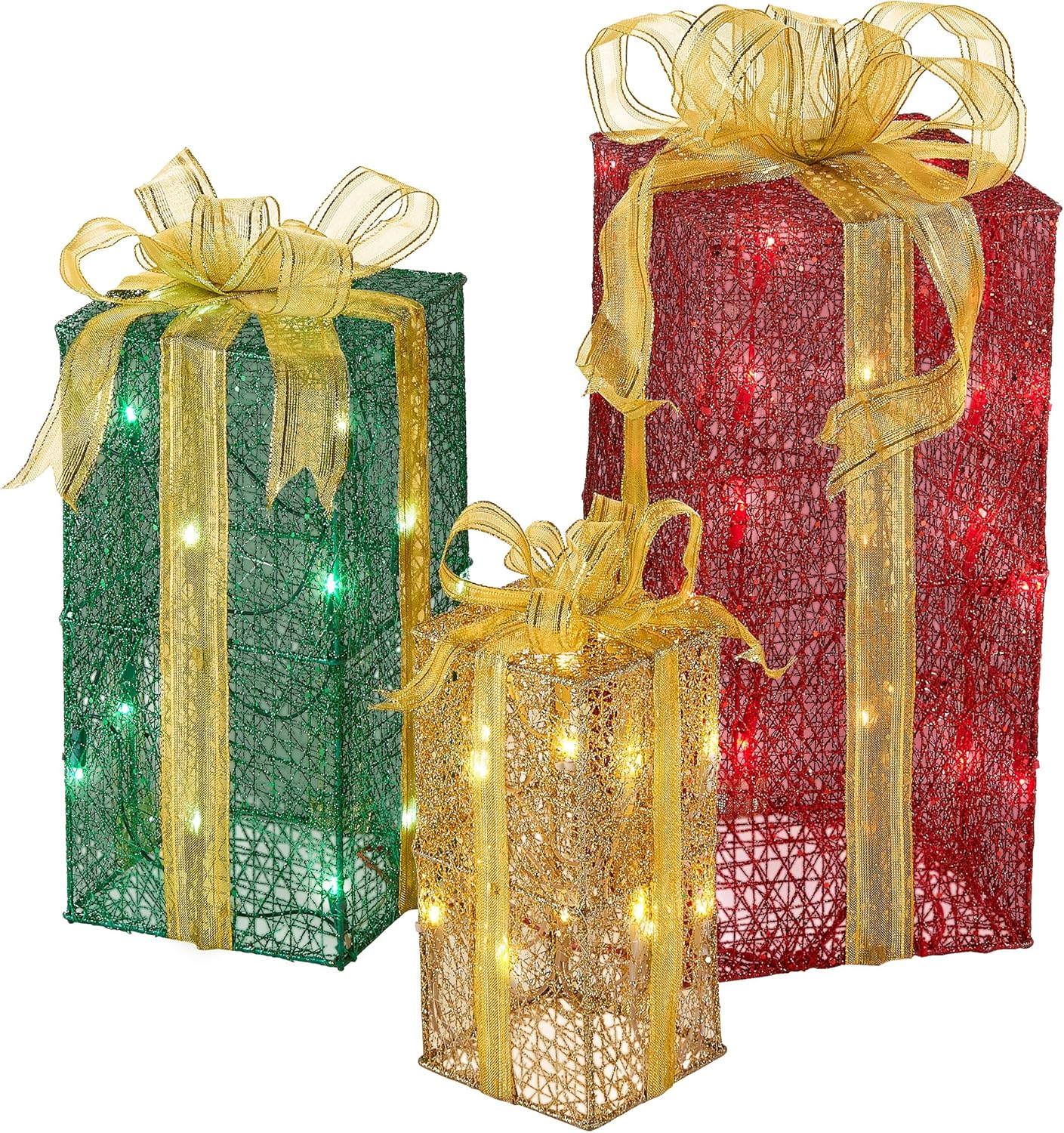 National Tree Company lit Artificial Christmas Décor 3-Piece Set Includes Pre-Strung White Mini Lights Sisal Gift Boxes