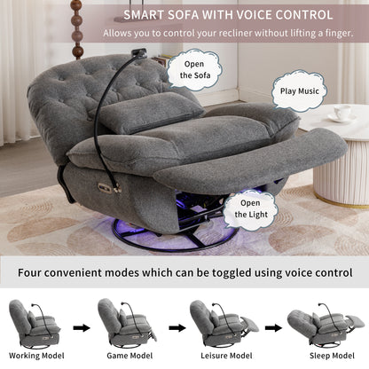 270 Degree Swivel Power Recliner with Voice Control, Bluetooth Music Player,USB Ports, Atmosphere Lamp, Hidden Arm Storage and Mobile Phone Holder for Living Room, Bedroom, Apartment, Grey